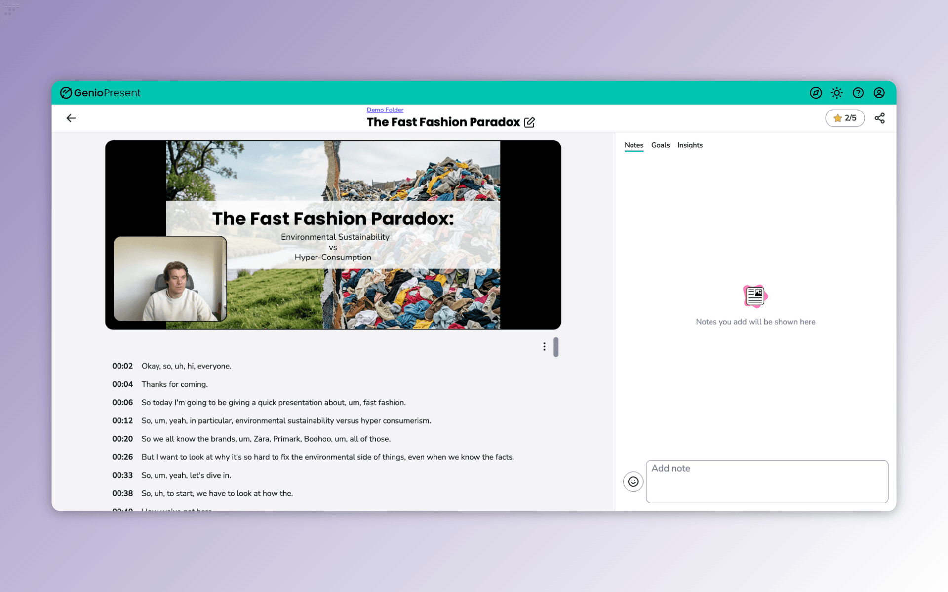 Genio Present product shot showing the rehearsal playback, goals and reflection experience.