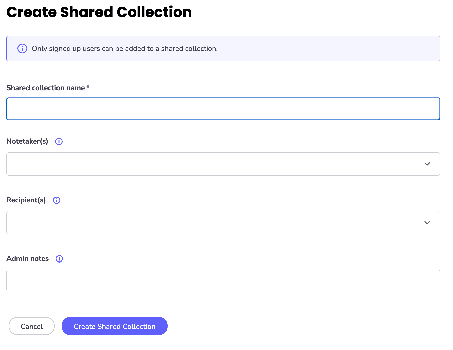 Glean admin screen for creating a shared collection with fields for collection name, note-takers, recipients and admin notes.