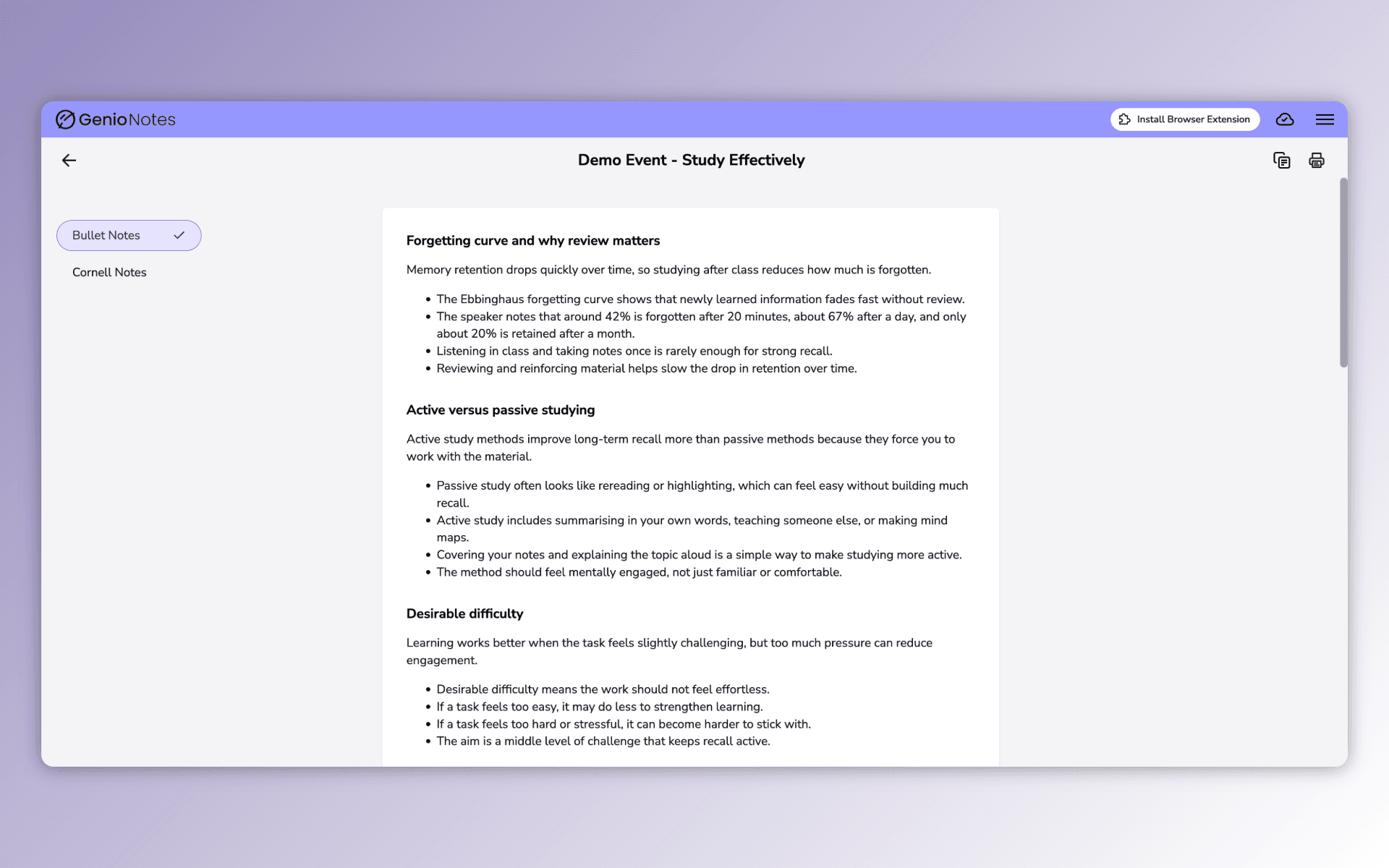 Genio Notes interface showing a structured notes layout with key ideas beside generated notes.
