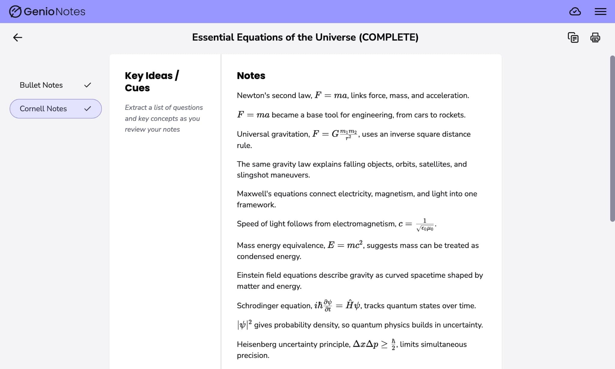 Genio Notes interface showing Cornell Notes selected with key ideas beside generated notes.