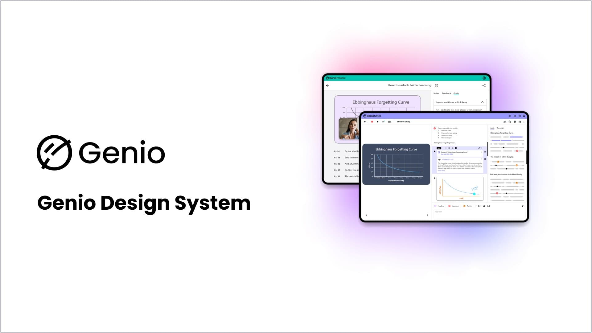 Genio Design System cover showing Genio Present and Genio Notes interfaces using the same shared design foundation.