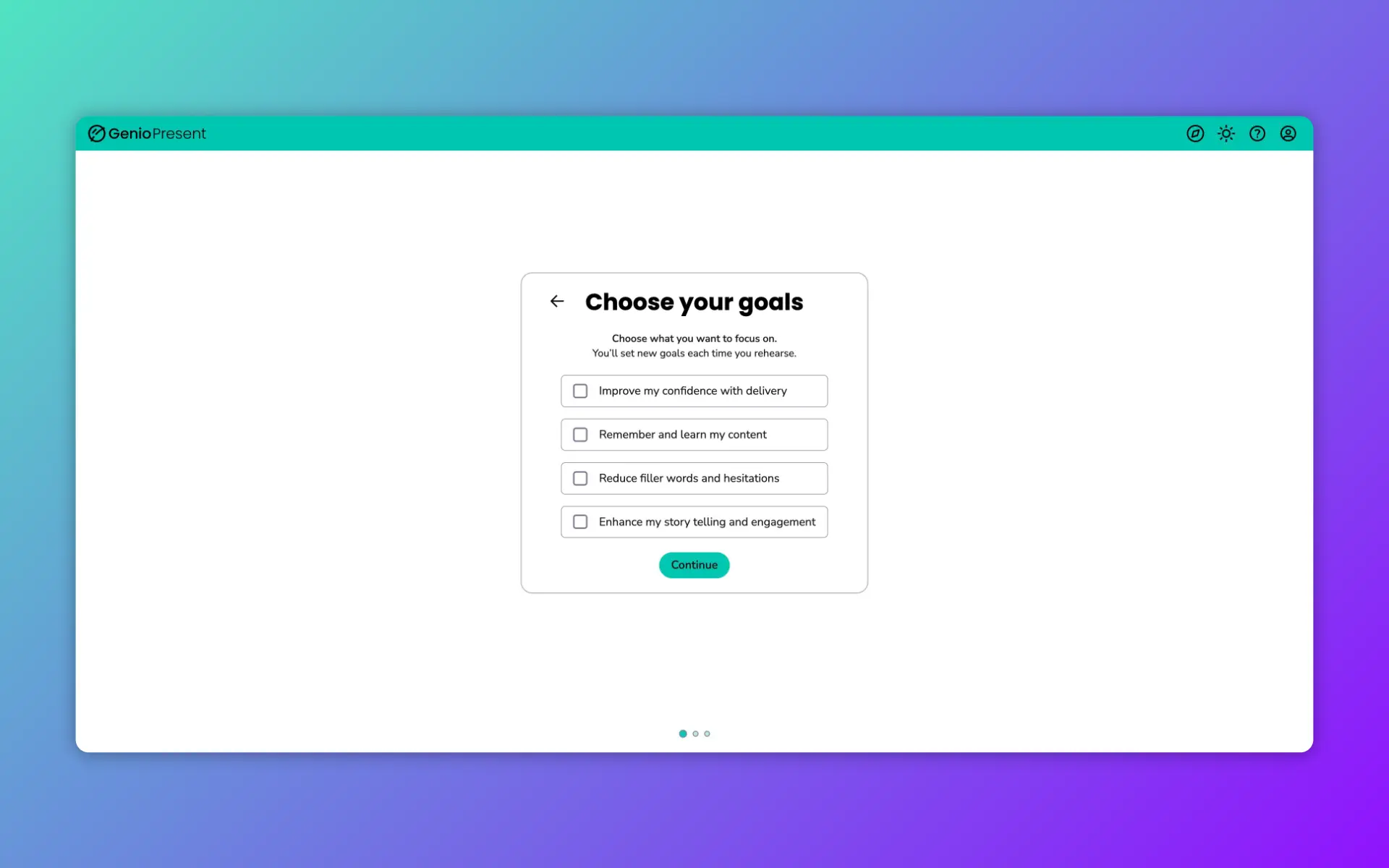 Genio Present goal selection screen with options for confidence, recall, filler words and storytelling.