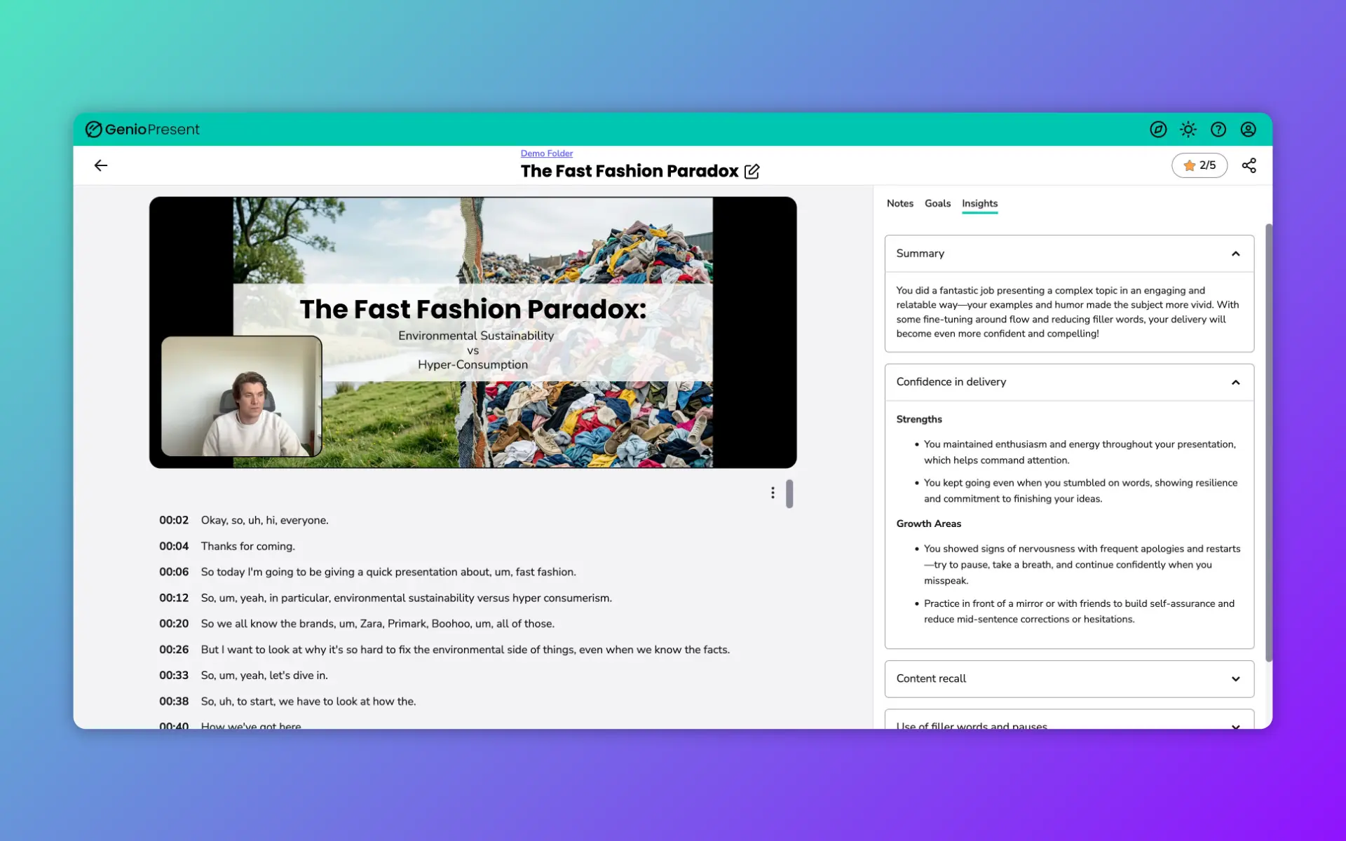 Genio Present review screen showing playback, transcript and structured presentation insights.