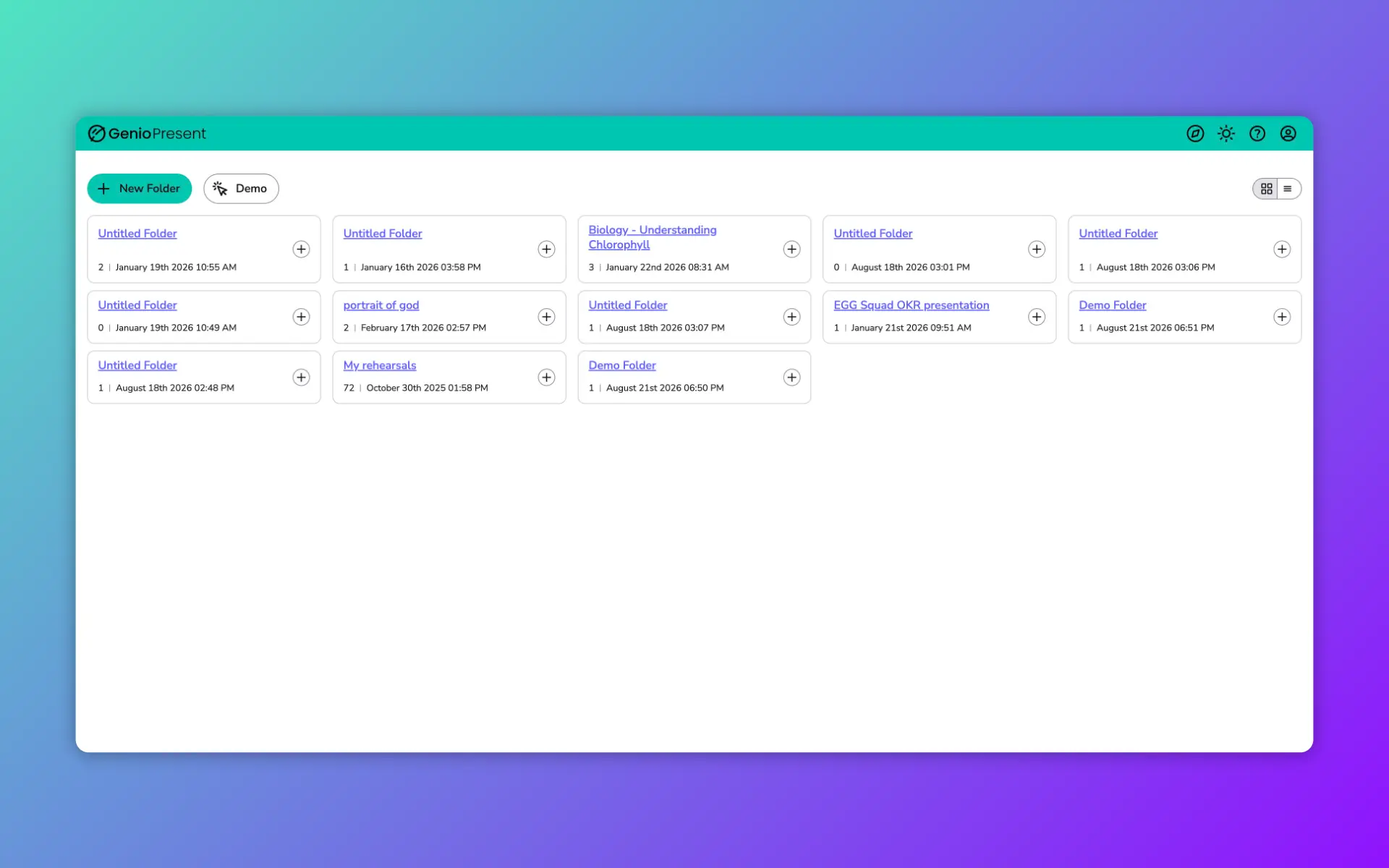 Genio Present folder library showing presentation folders and rehearsal counts.
