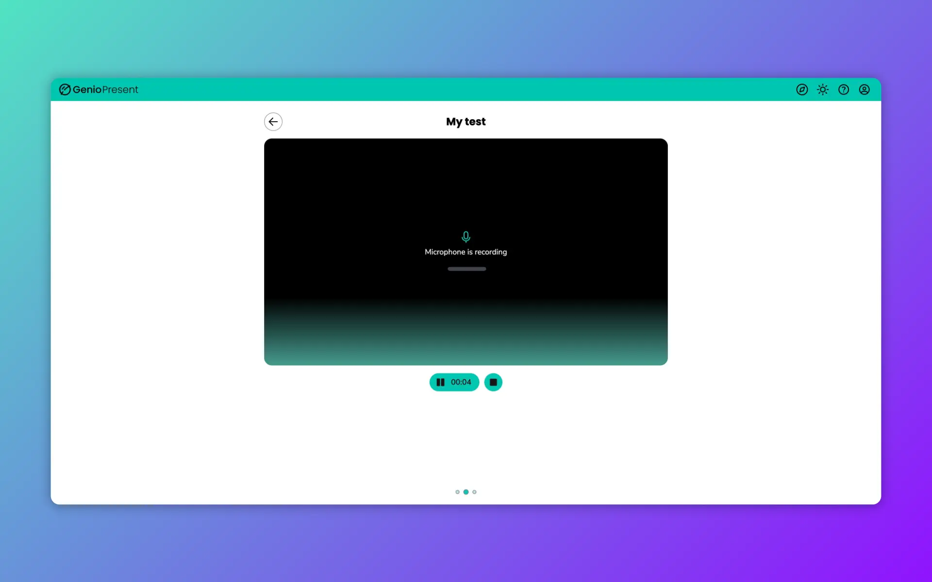 Genio Present active rehearsal screen with recording time, pause and stop controls.
