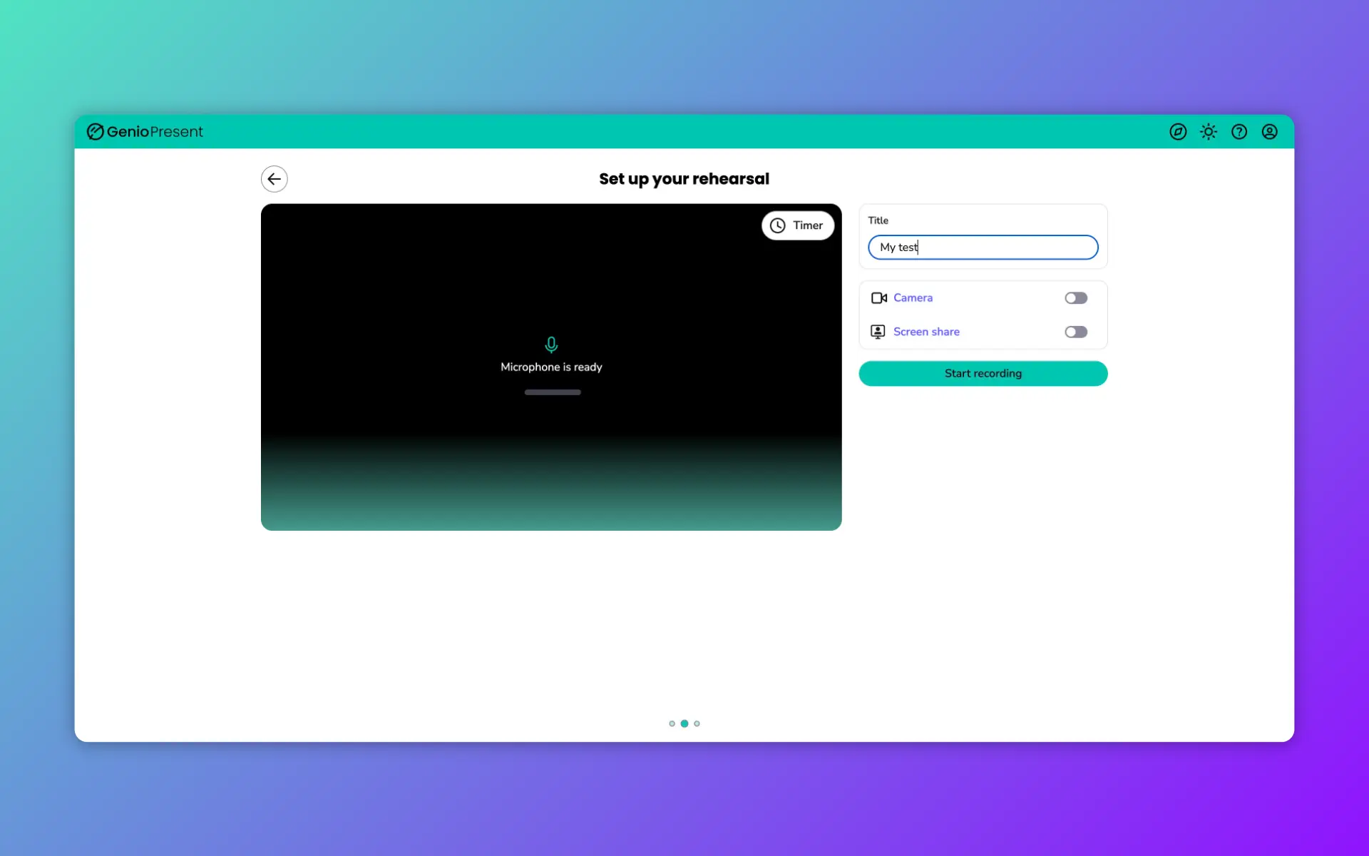 Genio Present rehearsal setup with a title field and controls for camera and screen sharing.