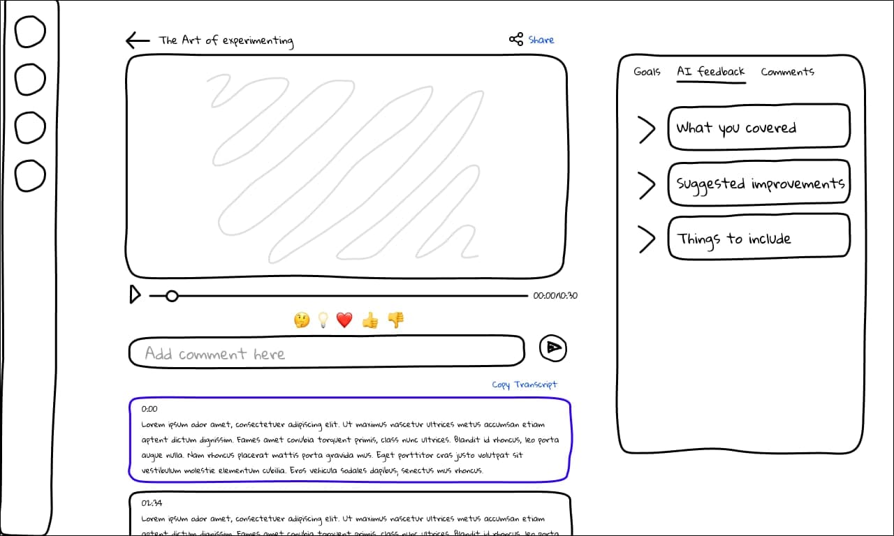 Wireframe concept for Genio Present showing rehearsal playback, AI feedback, comments, and goals.